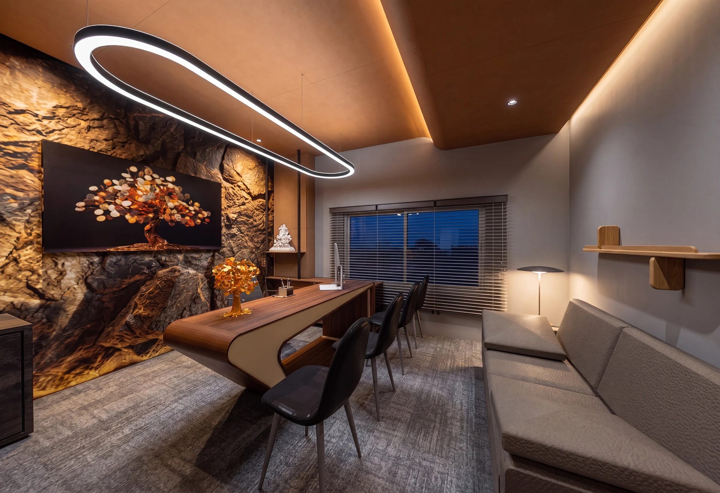 Director's cabin with a rock feature wall and a curved walnut desk