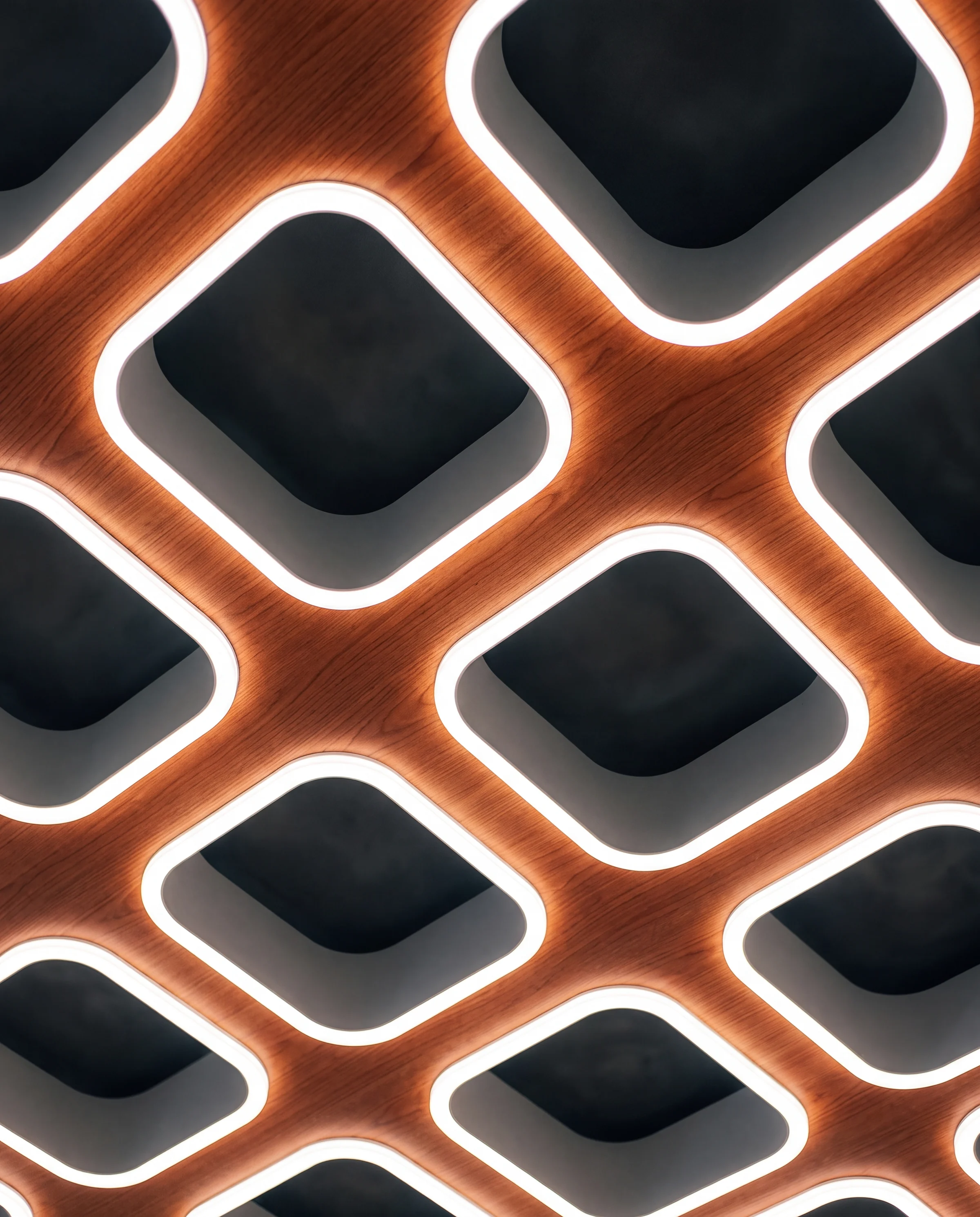 Close view of the backlit terracotta coffers