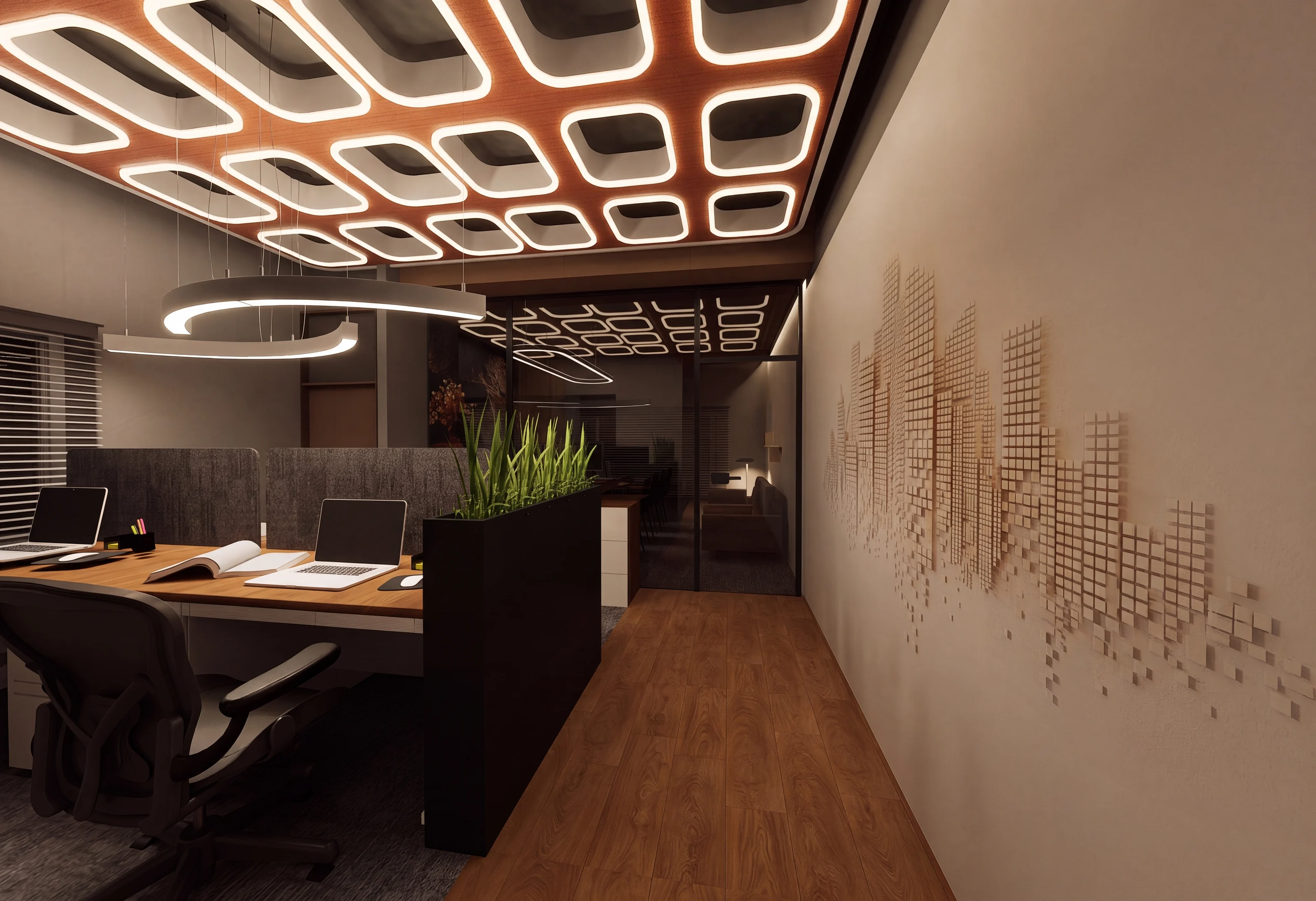 Open workspace under a coffered terracotta ceiling, each coffer rimmed in light
