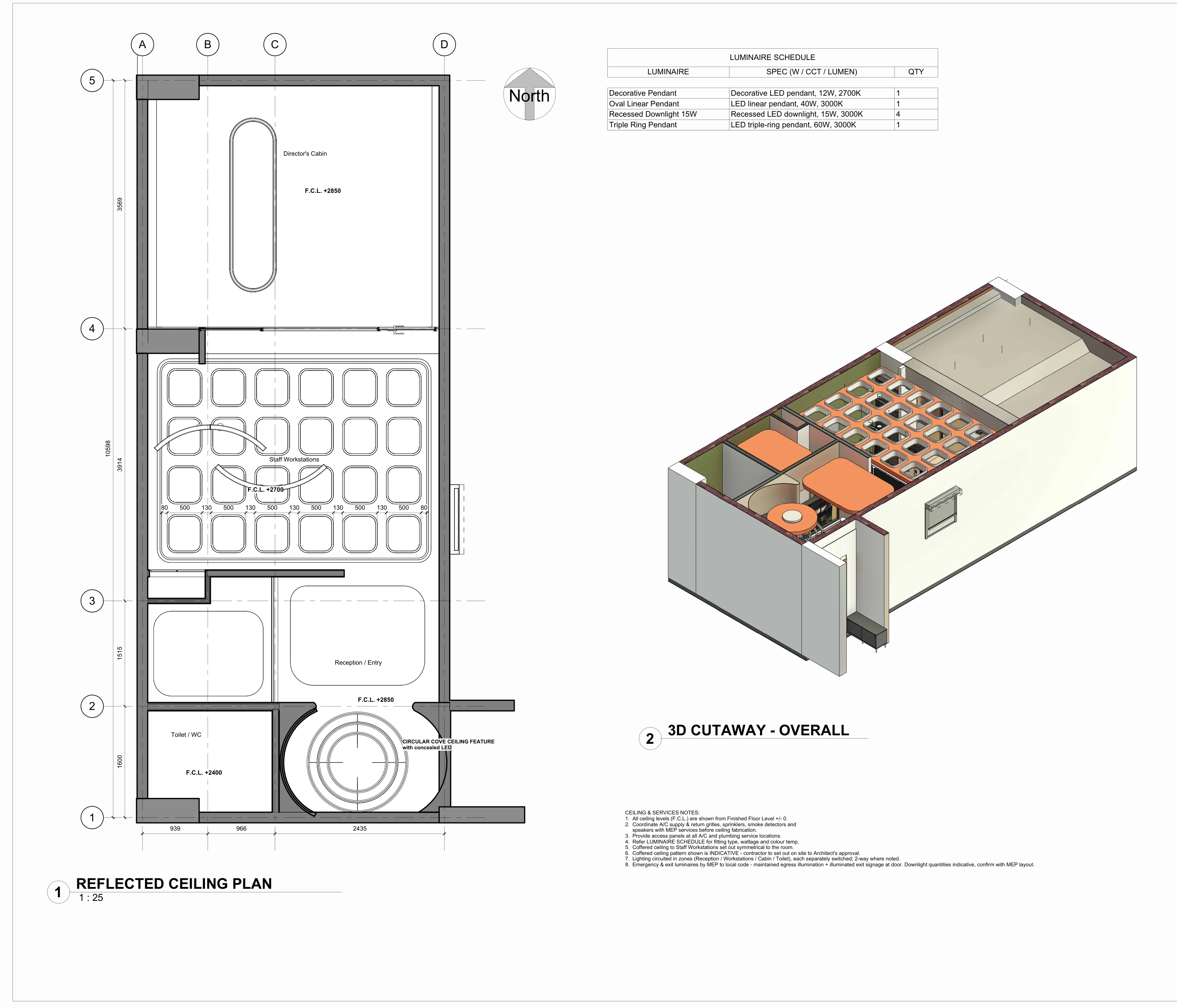 Reflected ceiling plan showing the coffer grid and a luminaire schedule