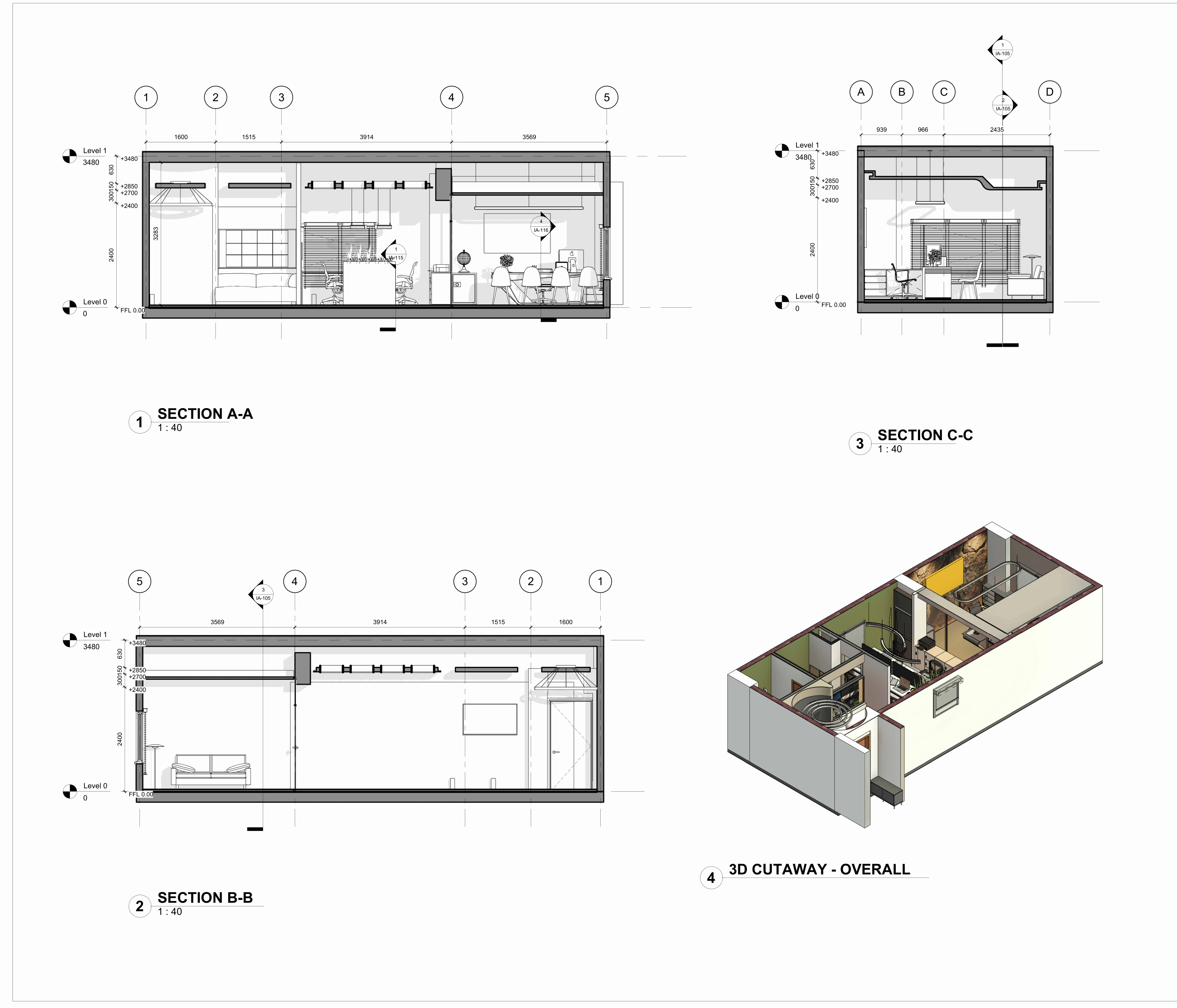 Three sections through the office and a cutaway view
