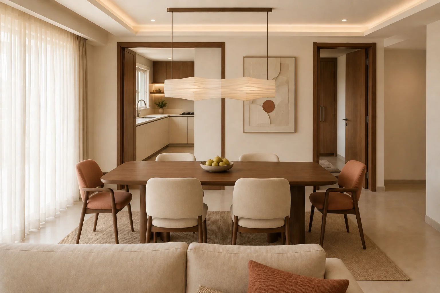 Dining table for six in walnut with clay-coloured end chairs and a sculptural pendant