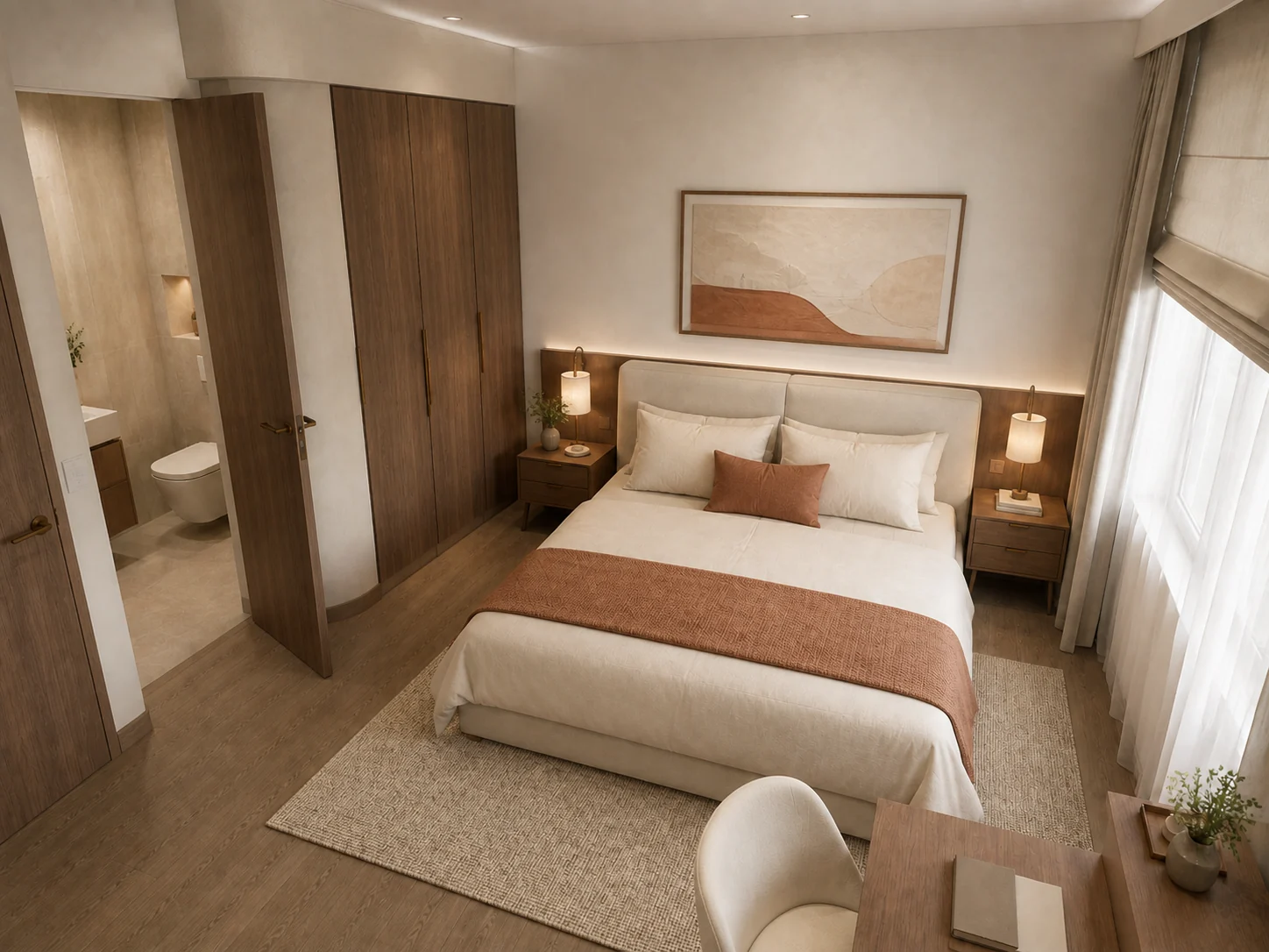 Bedroom with a wardrobe wall and a bed by the window