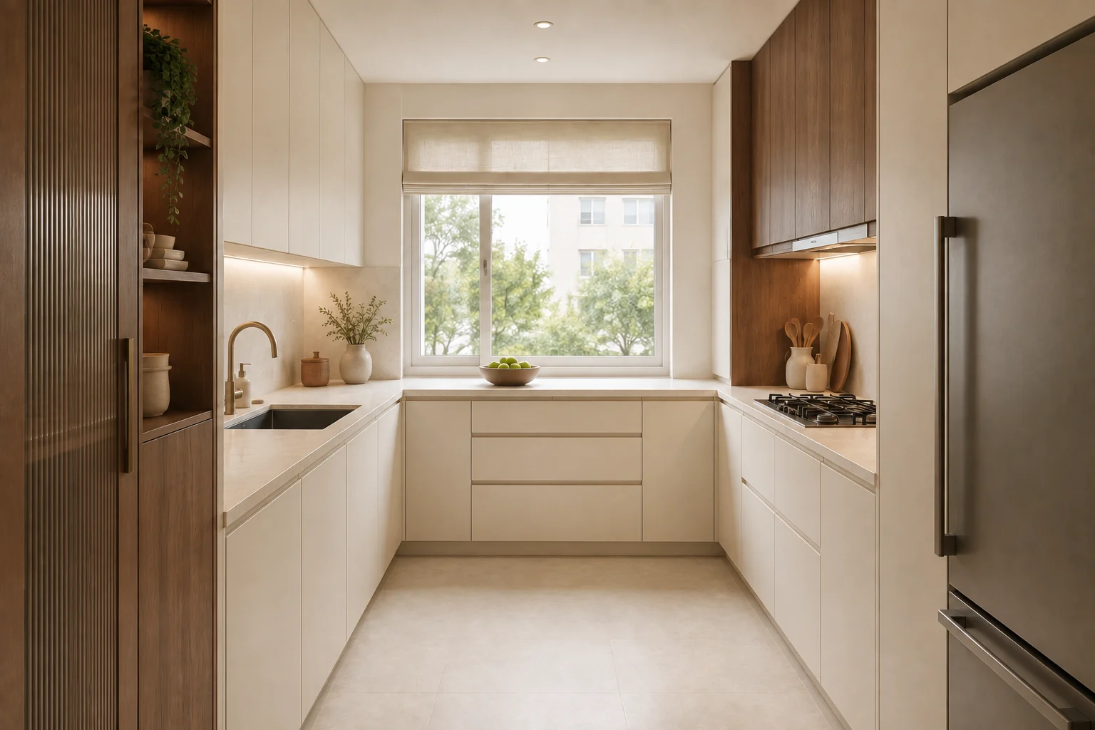 U-shaped kitchen with a window over the counter