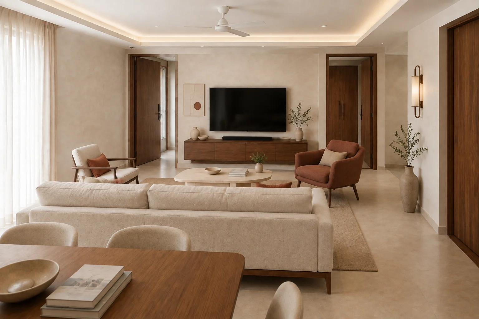 Living room with a sofa group facing the television wall