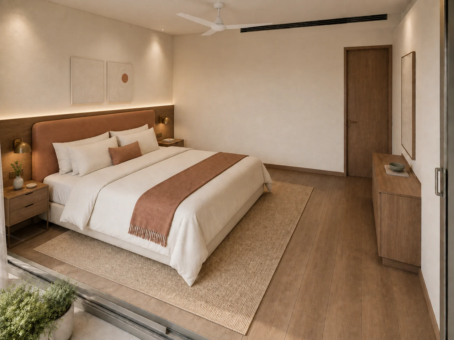 Master bedroom seen from above the foot of the bed