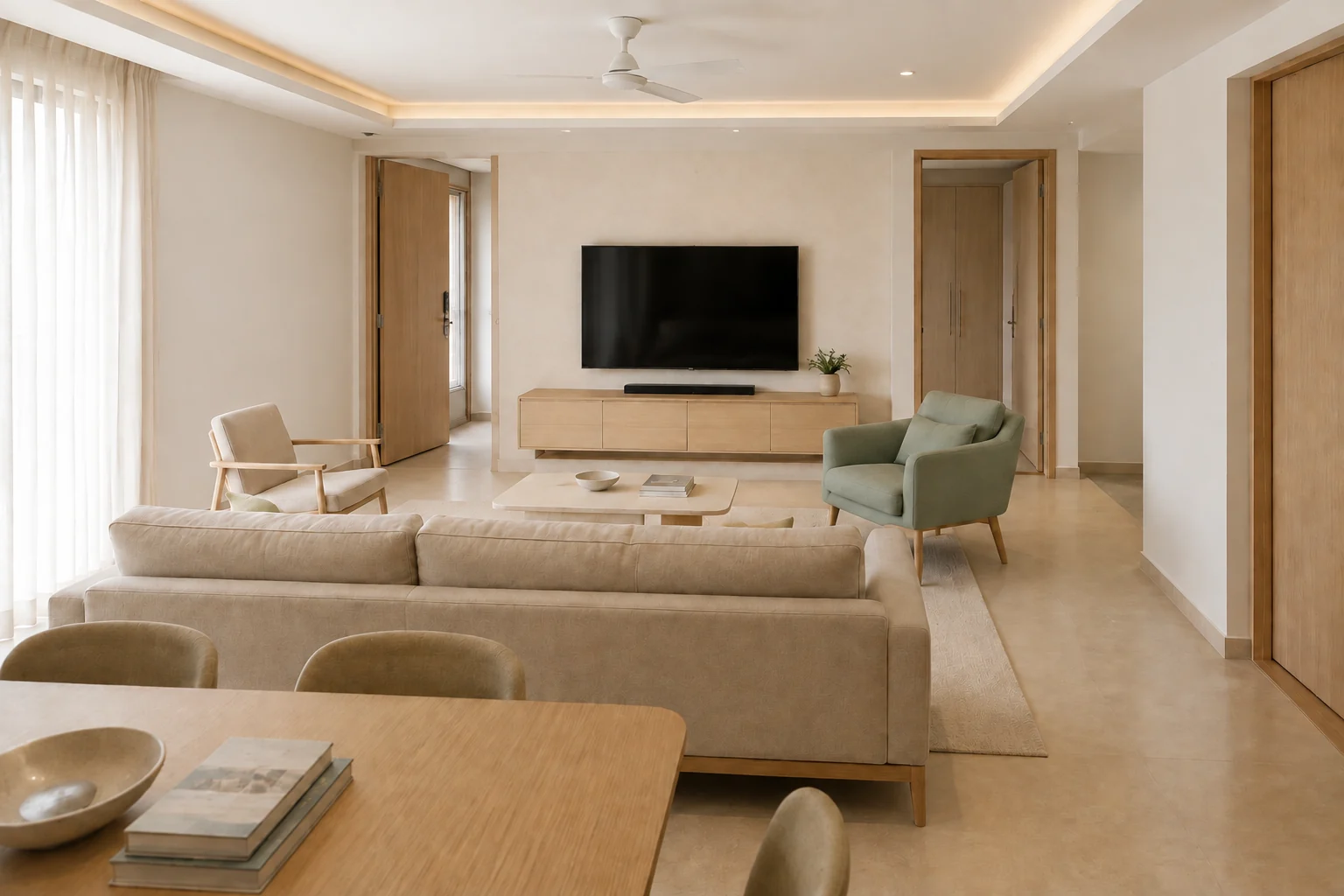 Ivory & Oak: living room, sofa group facing the television wall
