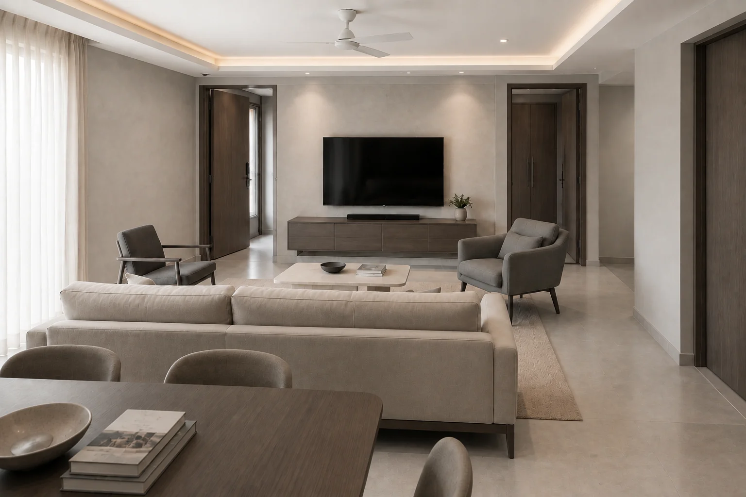 Mineral Calm: living room, sofa group facing the television wall