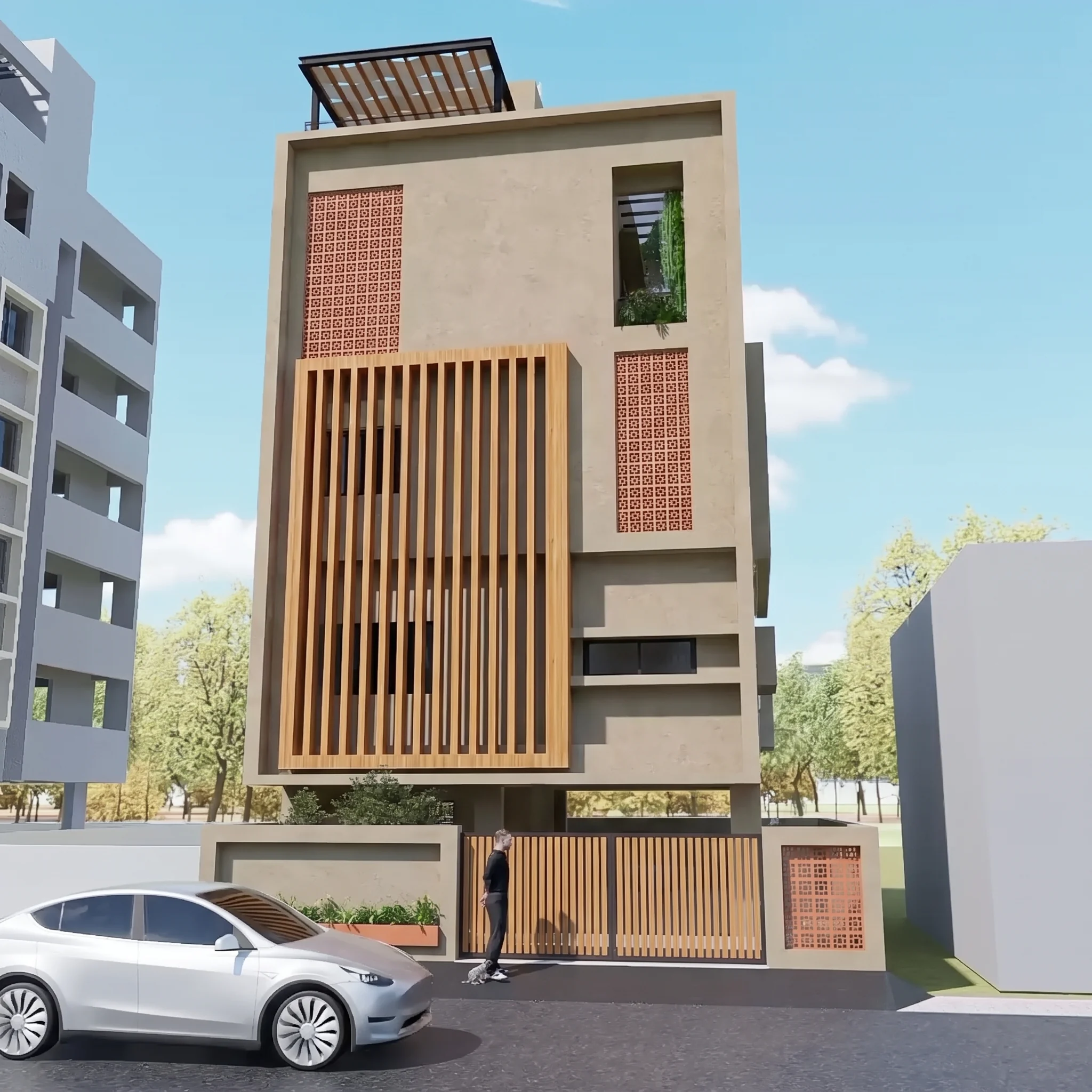 Street elevation of a narrow four-level house with a vertical teak screen and a terracotta jaali