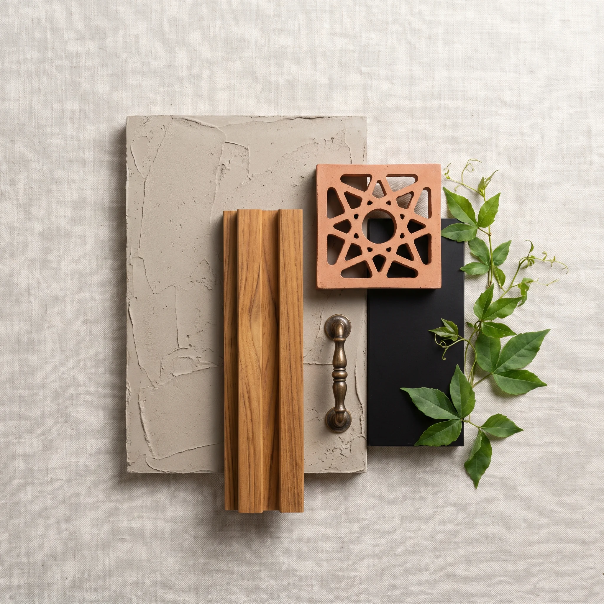 Material board: lime plaster, teak batten, terracotta jaali block, black metal