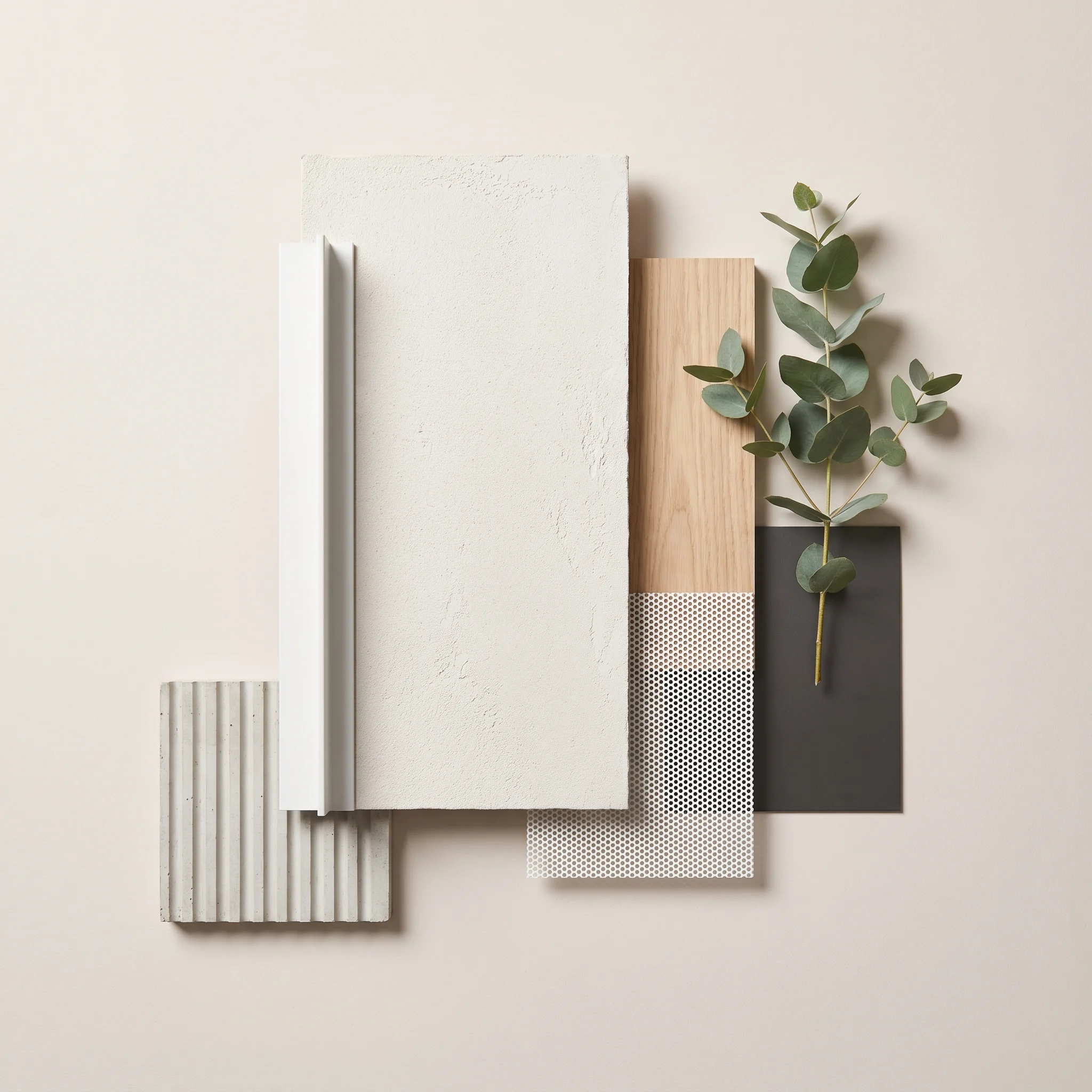 Material board: white plaster, ribbed panel, pale timber, perforated metal