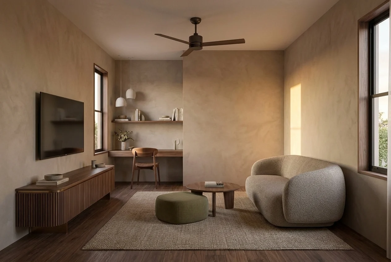 Family living room in warm clay tones and walnut