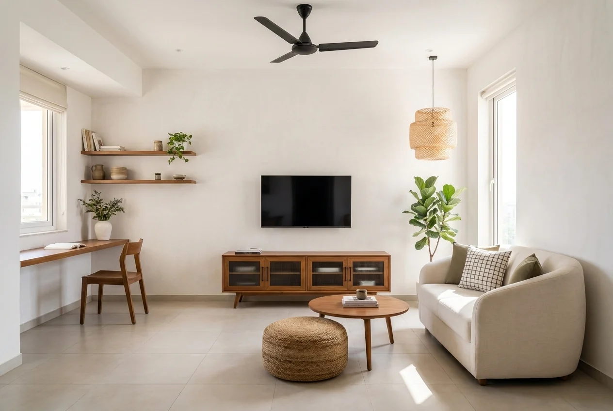 Family living room in white with teak furniture