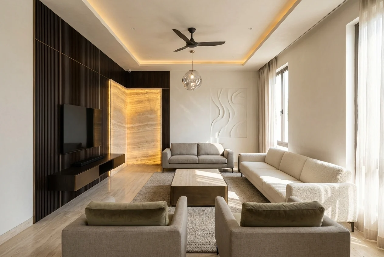 Living room with a backlit stone panel, plaster relief wall and low linen seating