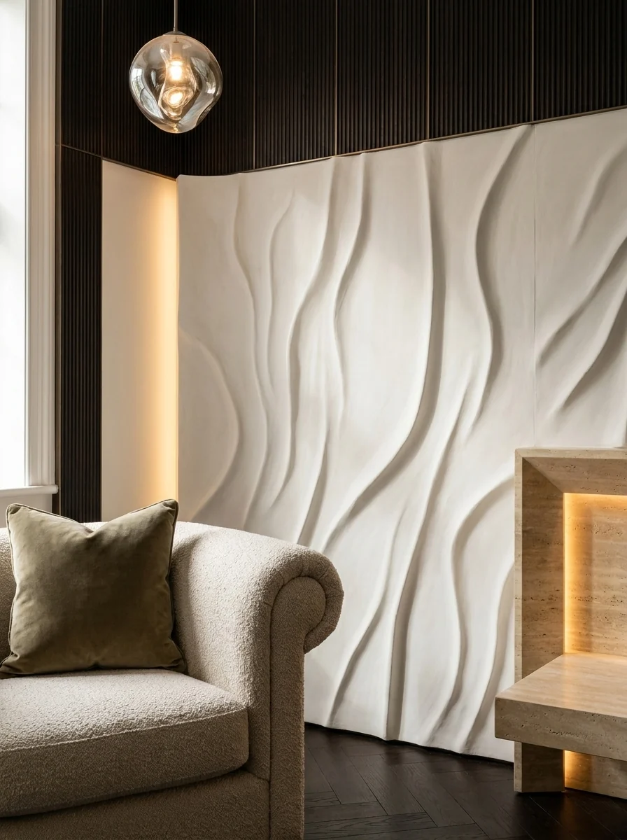 Plaster wall worked into flowing relief behind an armchair