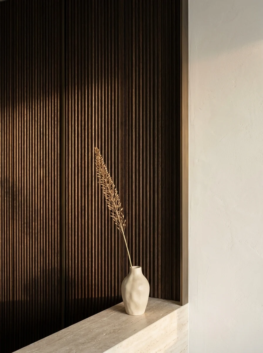 Dark fluted timber beside a chalk plaster niche