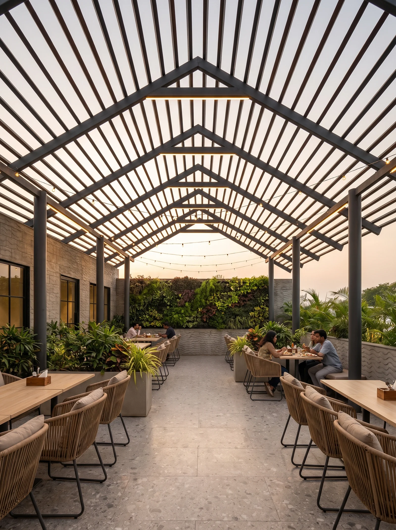 Covered verandah with steel rafters, terrazzo floor and a planted wall