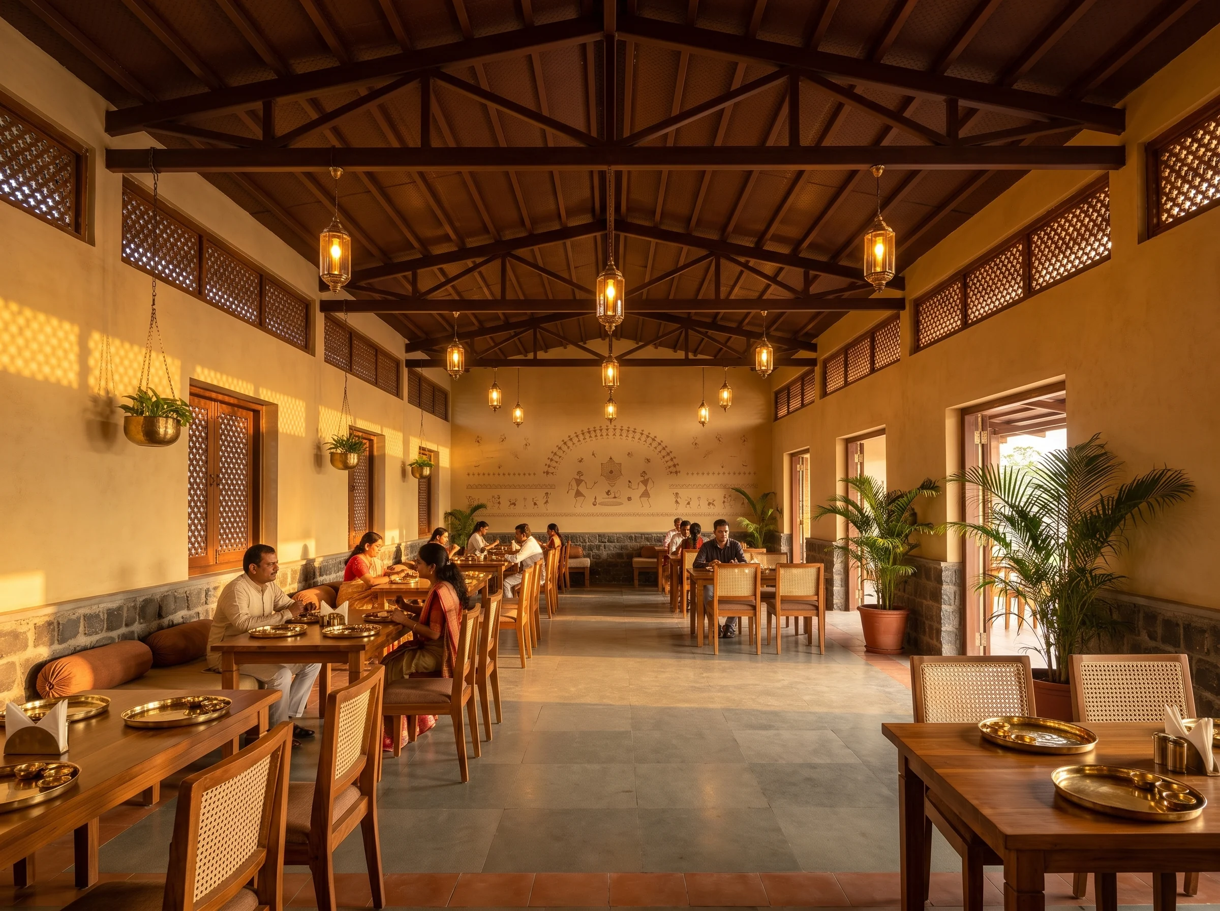 Dining hall with timber trusses, ochre walls and brass lanterns