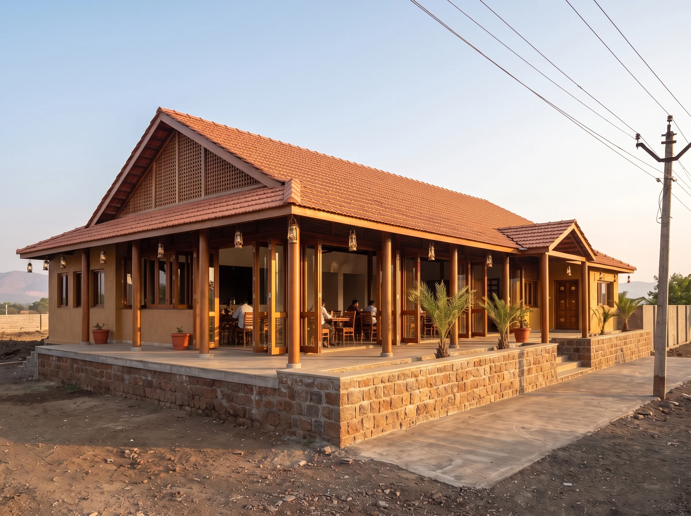Long tiled-roof restaurant with timber columns and a stone plinth in evening light