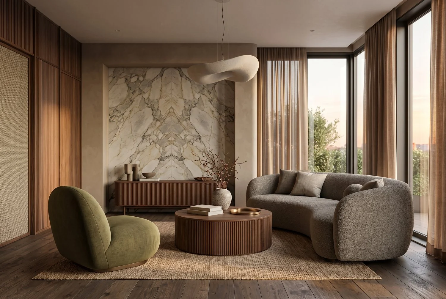 Formal living room with a book-matched marble wall, boucle sofa and a fluted walnut sideboard