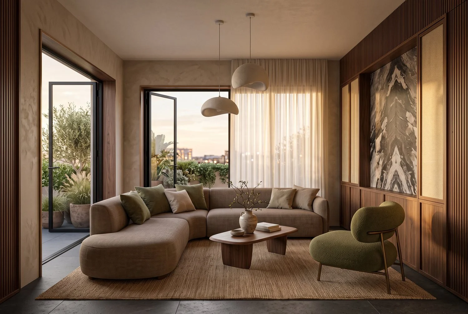 Living room in warm earthy tones with a curved sofa, an olive lounge chair and a marble wall