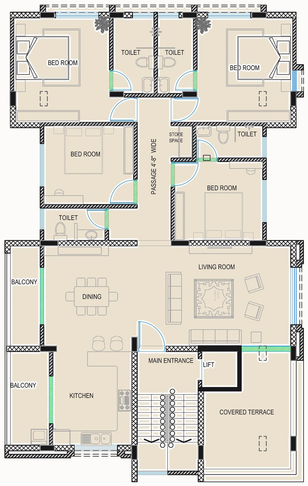 Zoned floor plan of the four-bedroom apartment